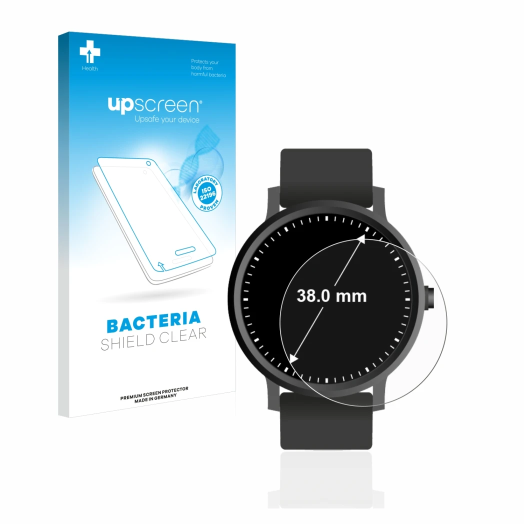 Front side of a product packaging with the brand logo upscreen. Next to it is the device Watches (Circular, ø: 38 mm) shown wi