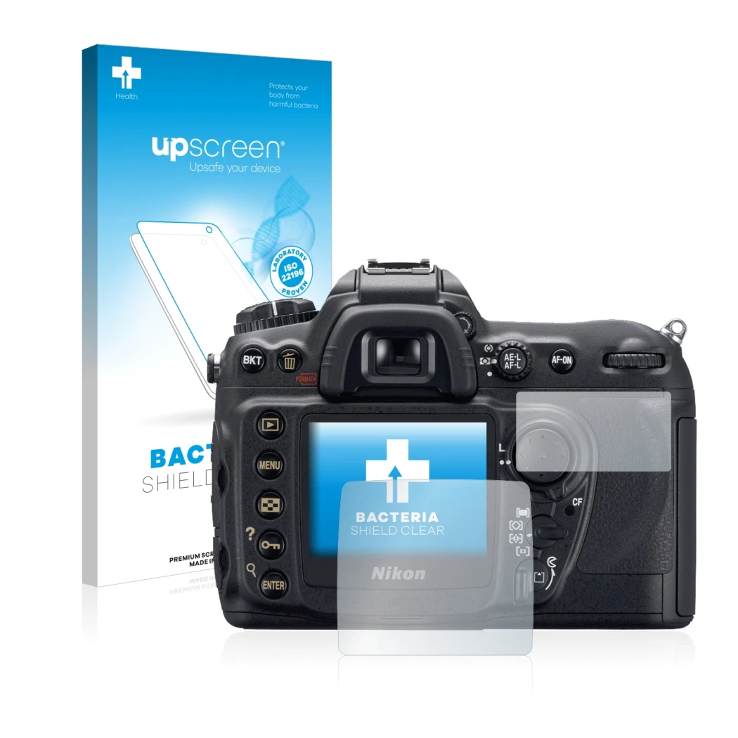Front side of a product packaging with the brand logo upscreen. Next to it is the device Nikon D200 shown with the correspondi