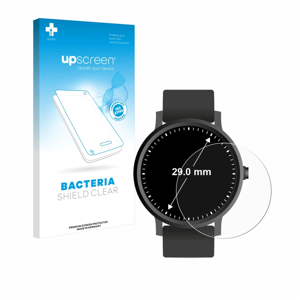 Front side of a product packaging with the brand logo upscreen. Next to it is the device Watches (Circular, ø: 29 mm) shown wi
