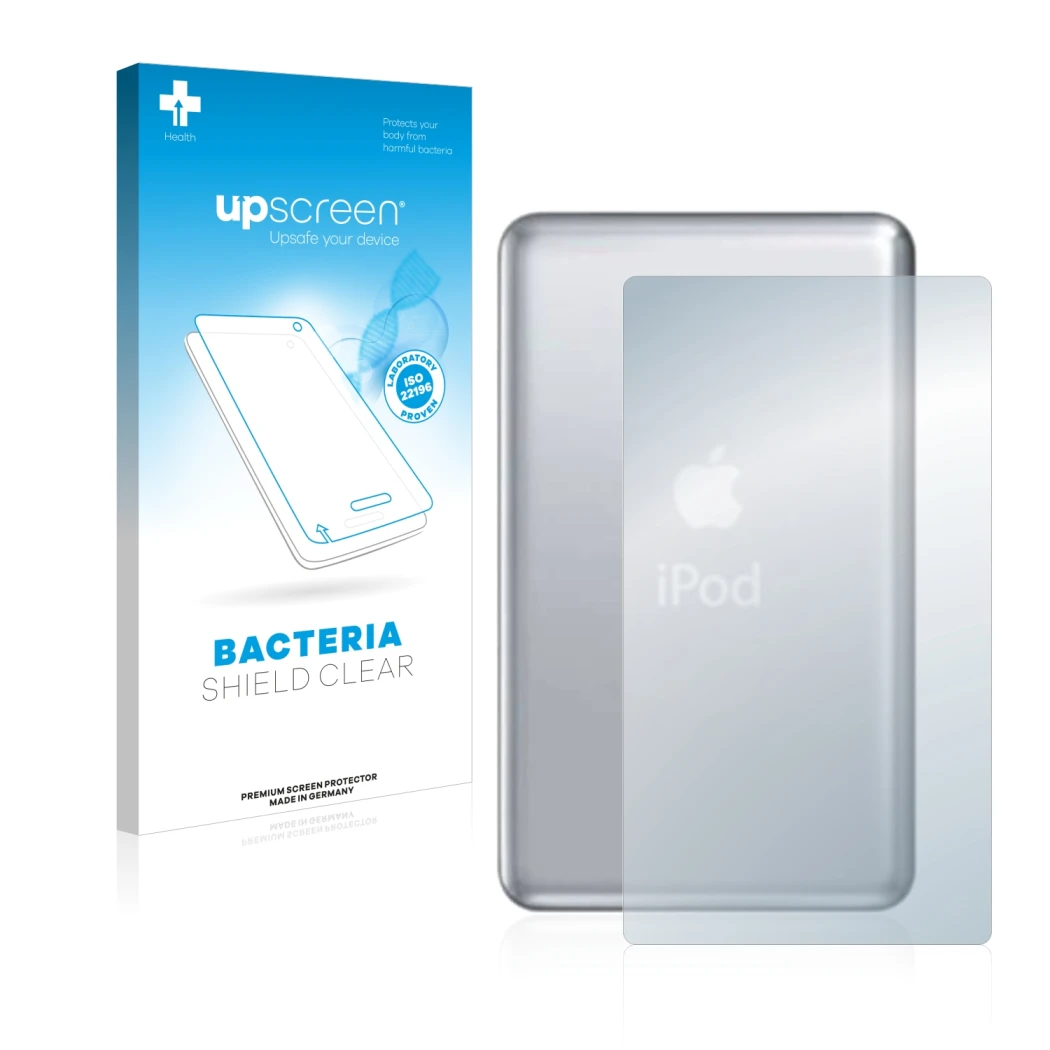 Front side of a product packaging with the brand logo upscreen. Next to it is the device Apple iPod classic 120 GB (Back, 7th