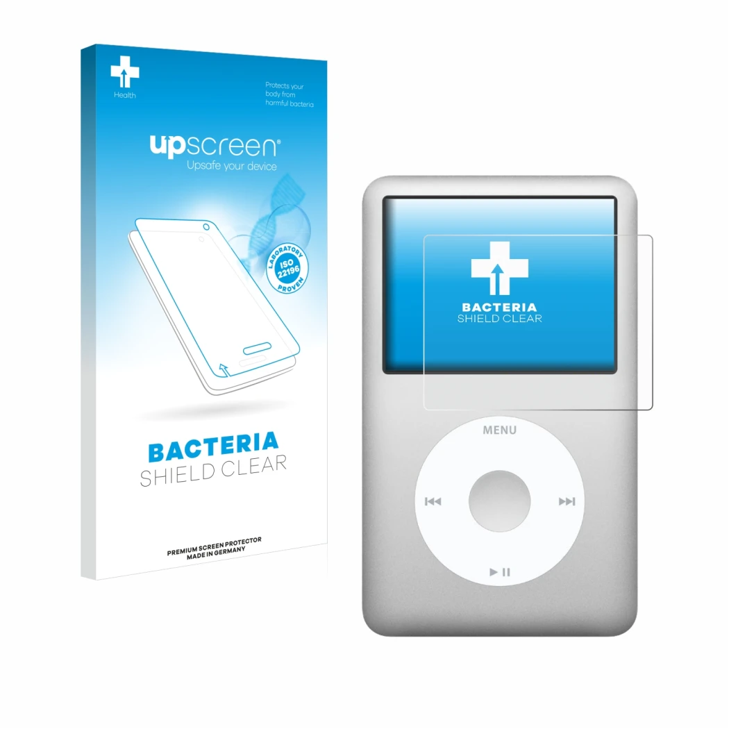 Front side of a product packaging with the brand logo upscreen. Next to it is the device Apple iPod classic 160 GB (7th Gen.)