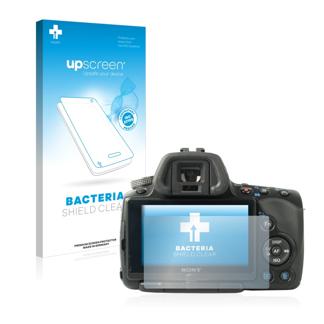 Front side of a product packaging with the brand logo upscreen. Next to it is the device Sony Alpha 55 (SLT-A55V) shown with t