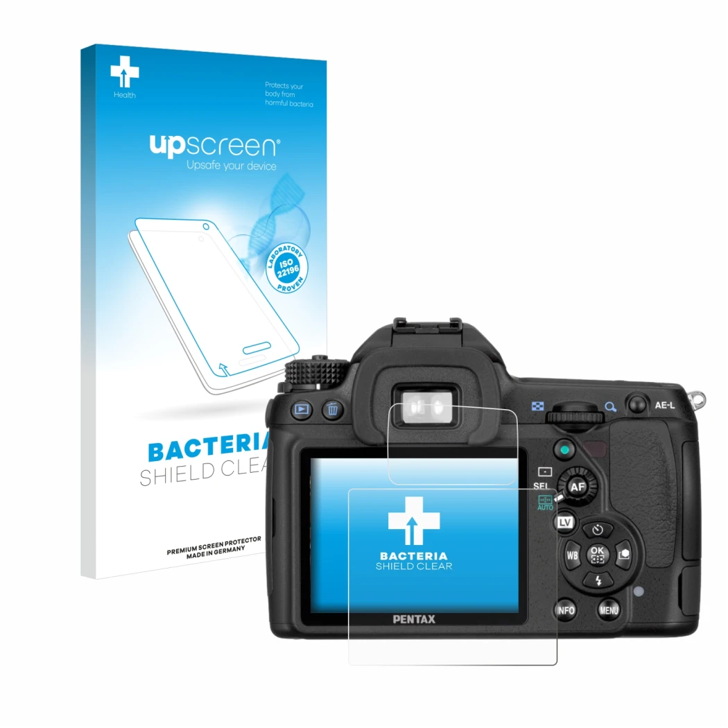 Front side of a product packaging with the brand logo upscreen. Next to it is the device Pentax K5, K-5 shown with the corresp