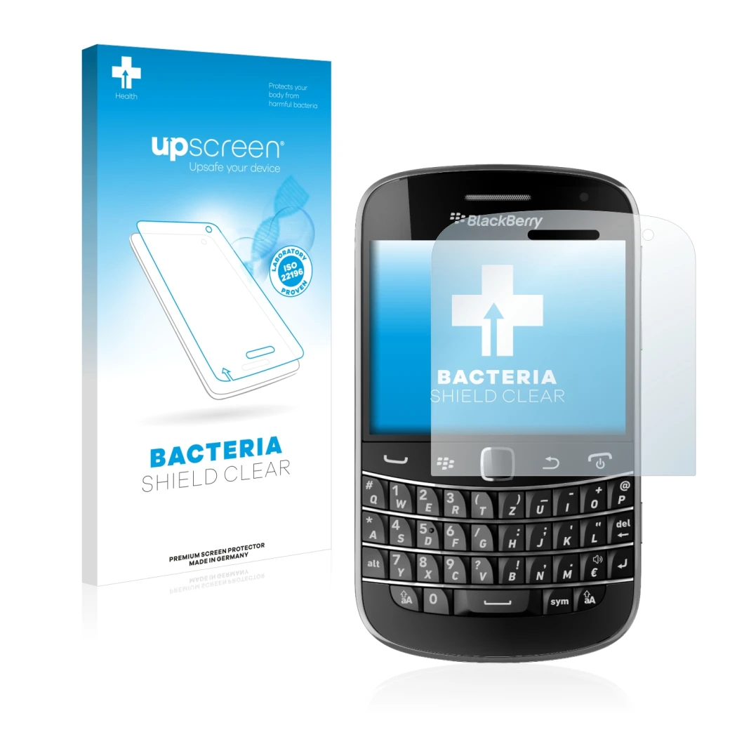 Front side of a product packaging with the brand logo upscreen. Next to it is the device RIM BlackBerry Bold Touch 9900 shown