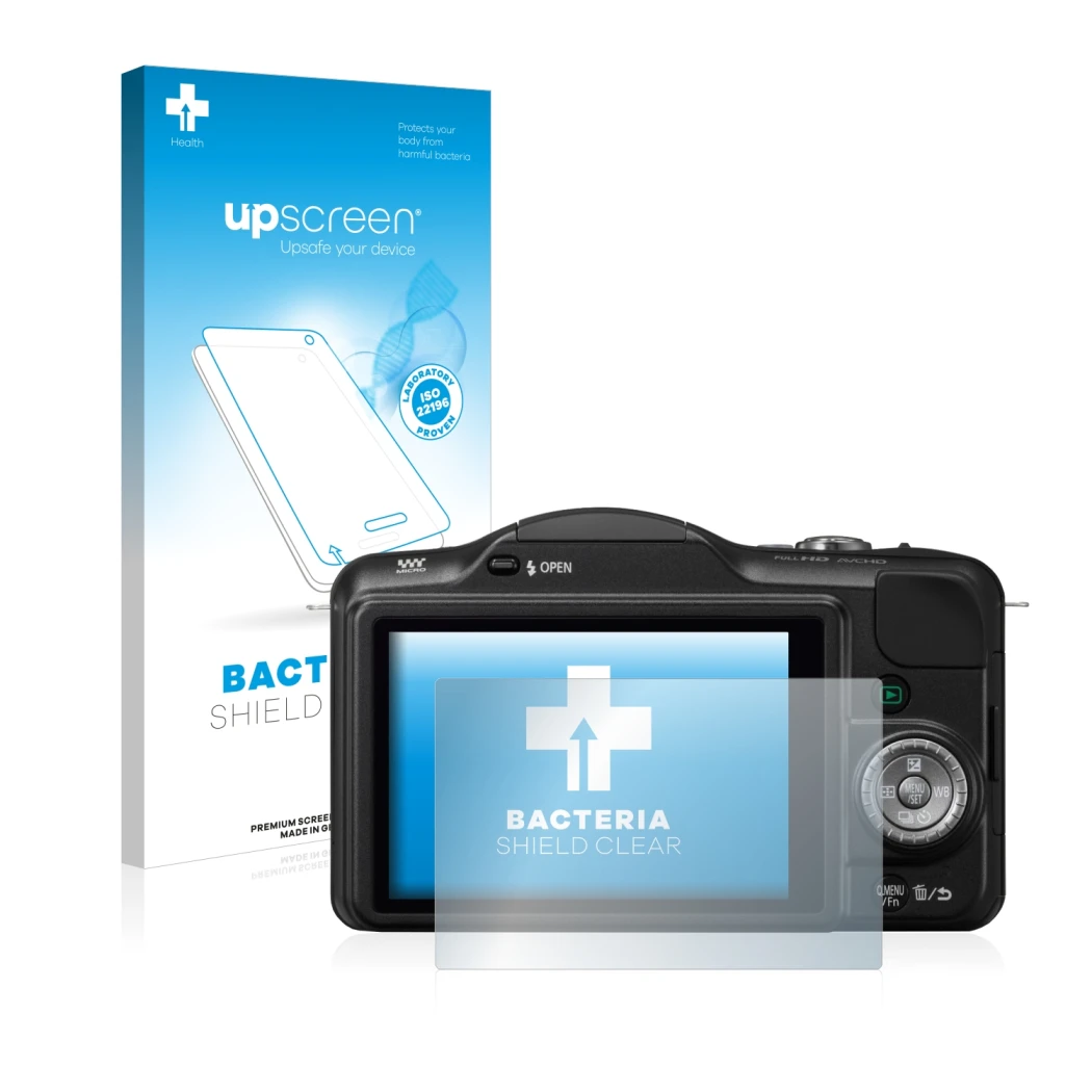 Front side of a product packaging with the brand logo upscreen. Next to it is the device Panasonic Lumix DMC-GF3 shown with th