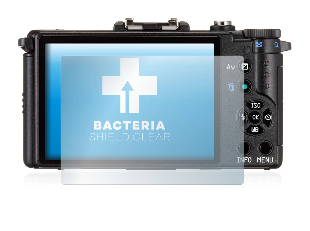 Image of the device Pentax Q with a wide variety of screen protectors.