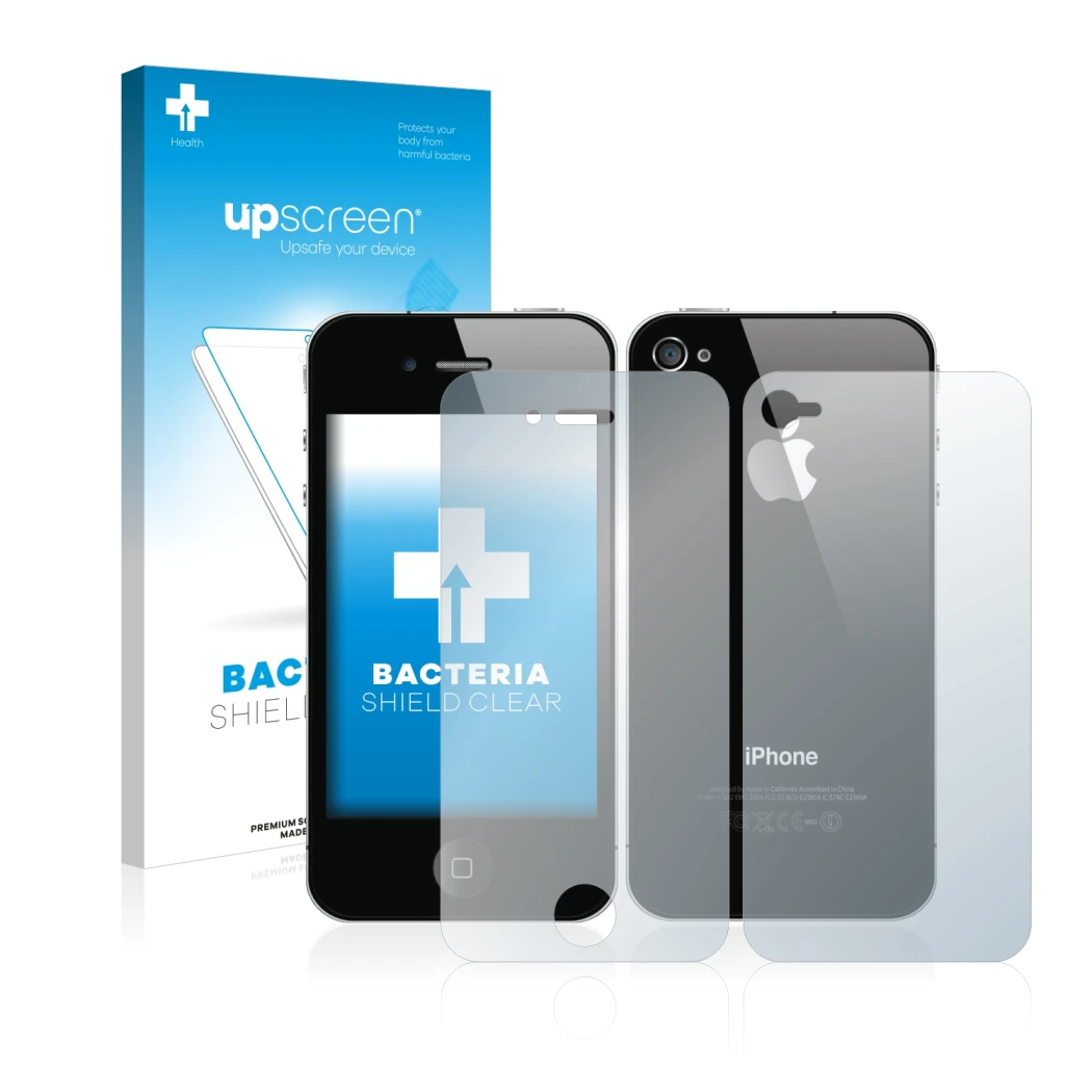 Front side of a product packaging with the brand logo upscreen. Next to it is the device Apple iPhone 4S (Front+Back) shown wi
