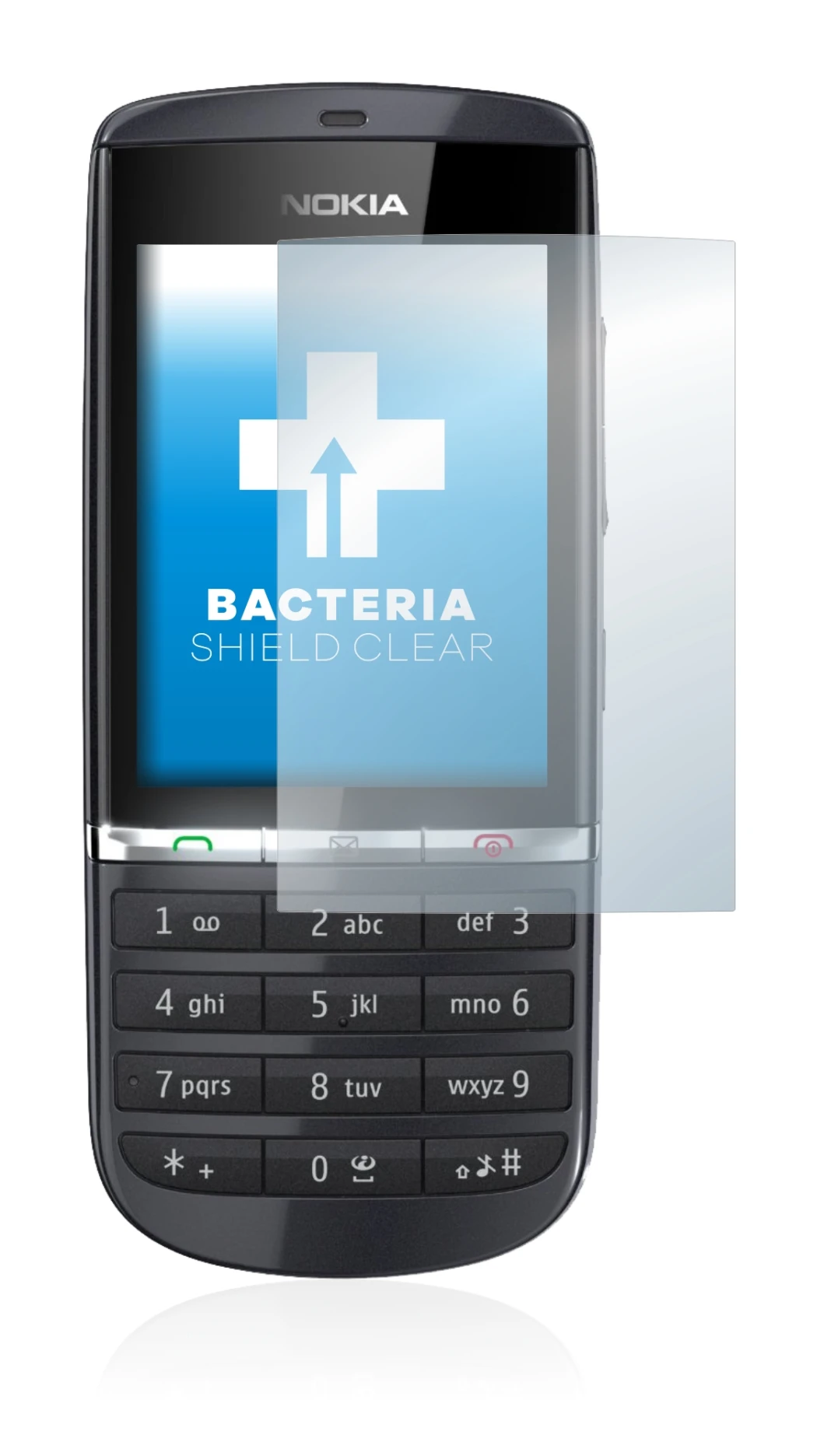 Image of the device Nokia Asha 300 with a wide variety of screen protectors.