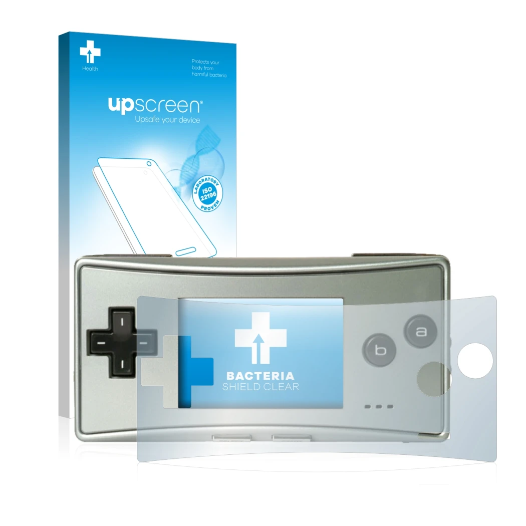 Front side of a product packaging with the brand logo upscreen. Next to it is the device Nintendo Gameboy Micro shown with the