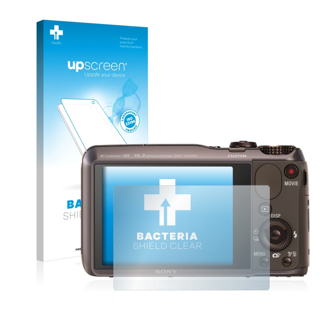 Front side of a product packaging with the brand logo upscreen. Next to it is the device Sony Cyber-Shot DSC-HX20V shown with 