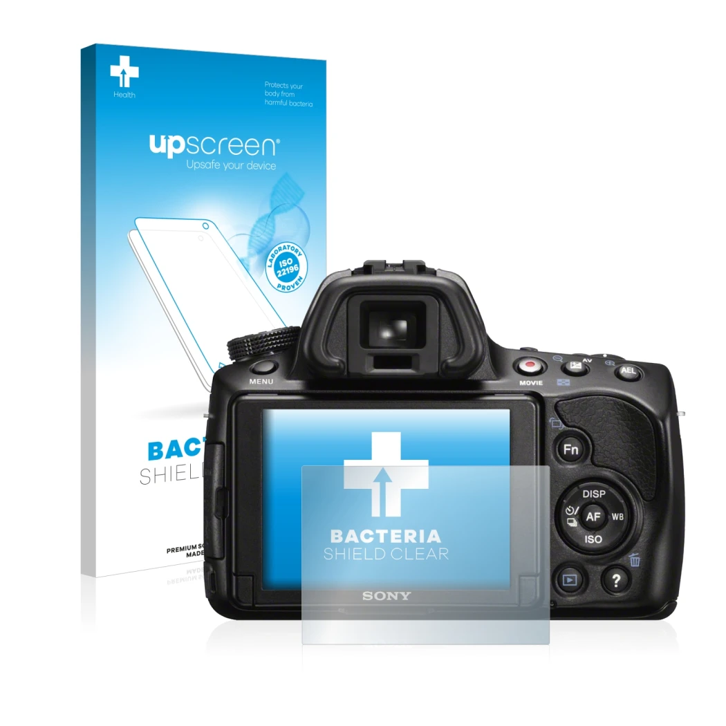 Front side of a product packaging with the brand logo upscreen. Next to it is the device Sony Alpha 37 (SLT-A37) shown with th
