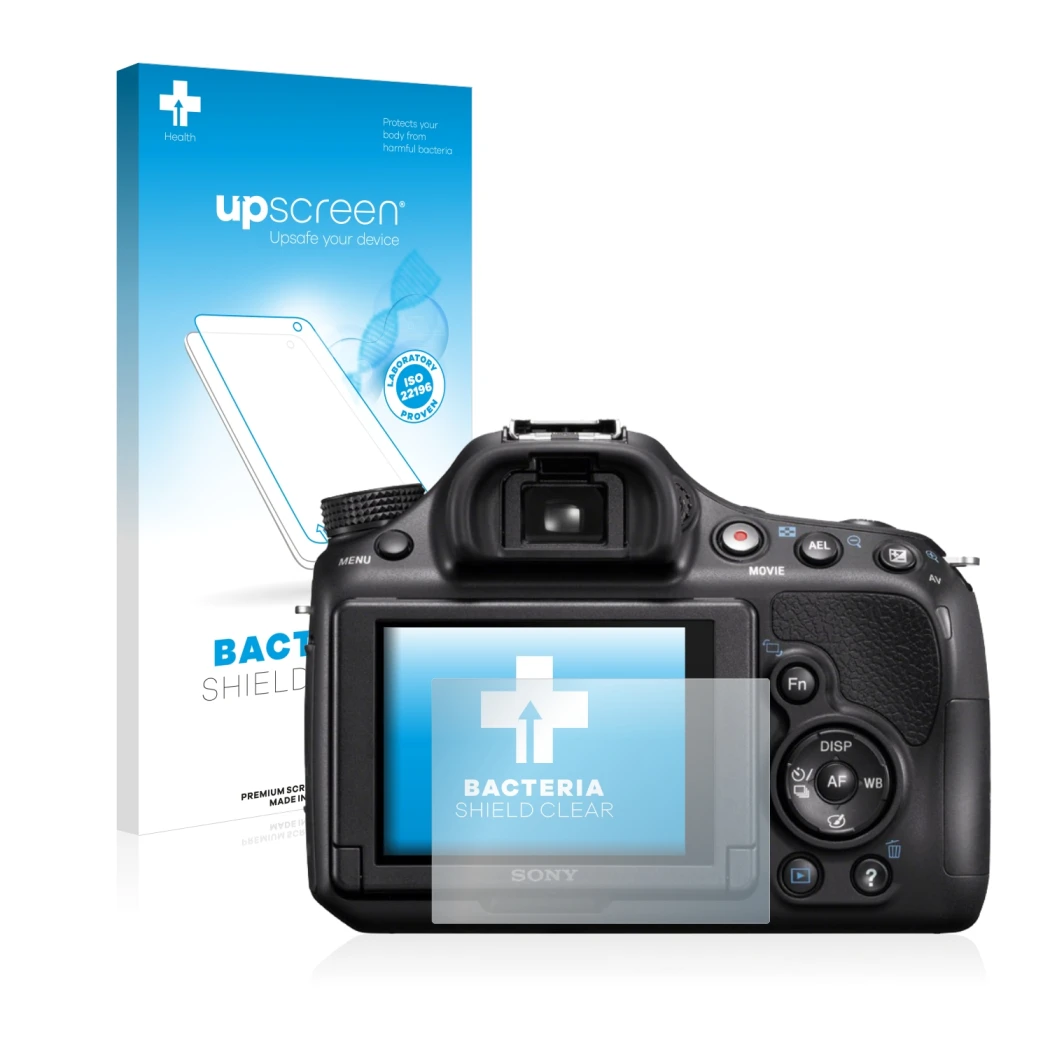 Front side of a product packaging with the brand logo upscreen. Next to it is the device Sony Alpha 58 (SLT-A58) shown with th