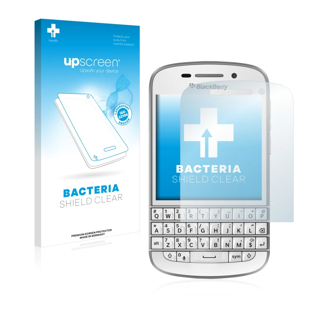 Front side of a product packaging with the brand logo upscreen. Next to it is the device BlackBerry Q10 shown with the corresp
