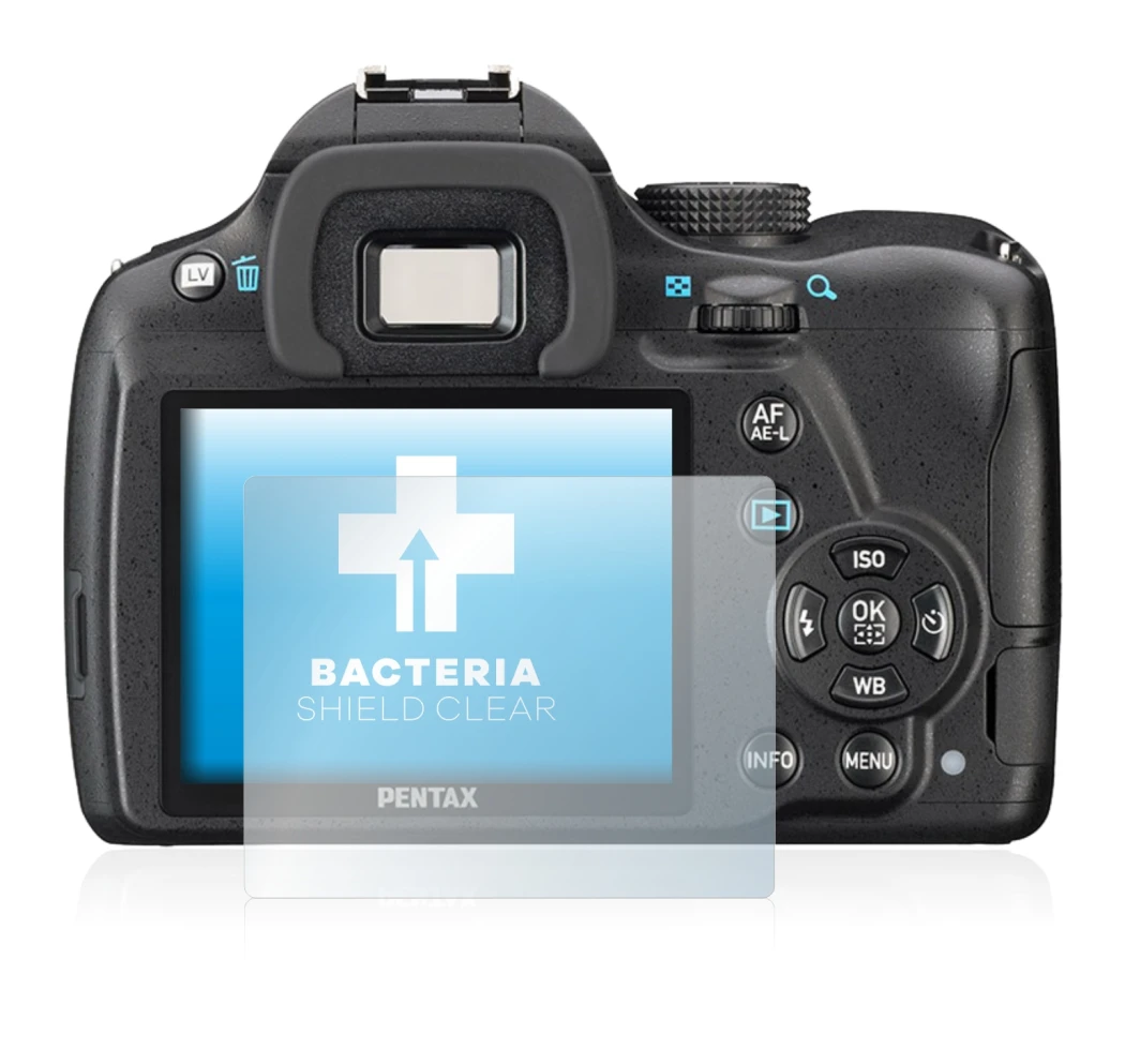 Image of the device Pentax K-50 with a wide variety of screen protectors.