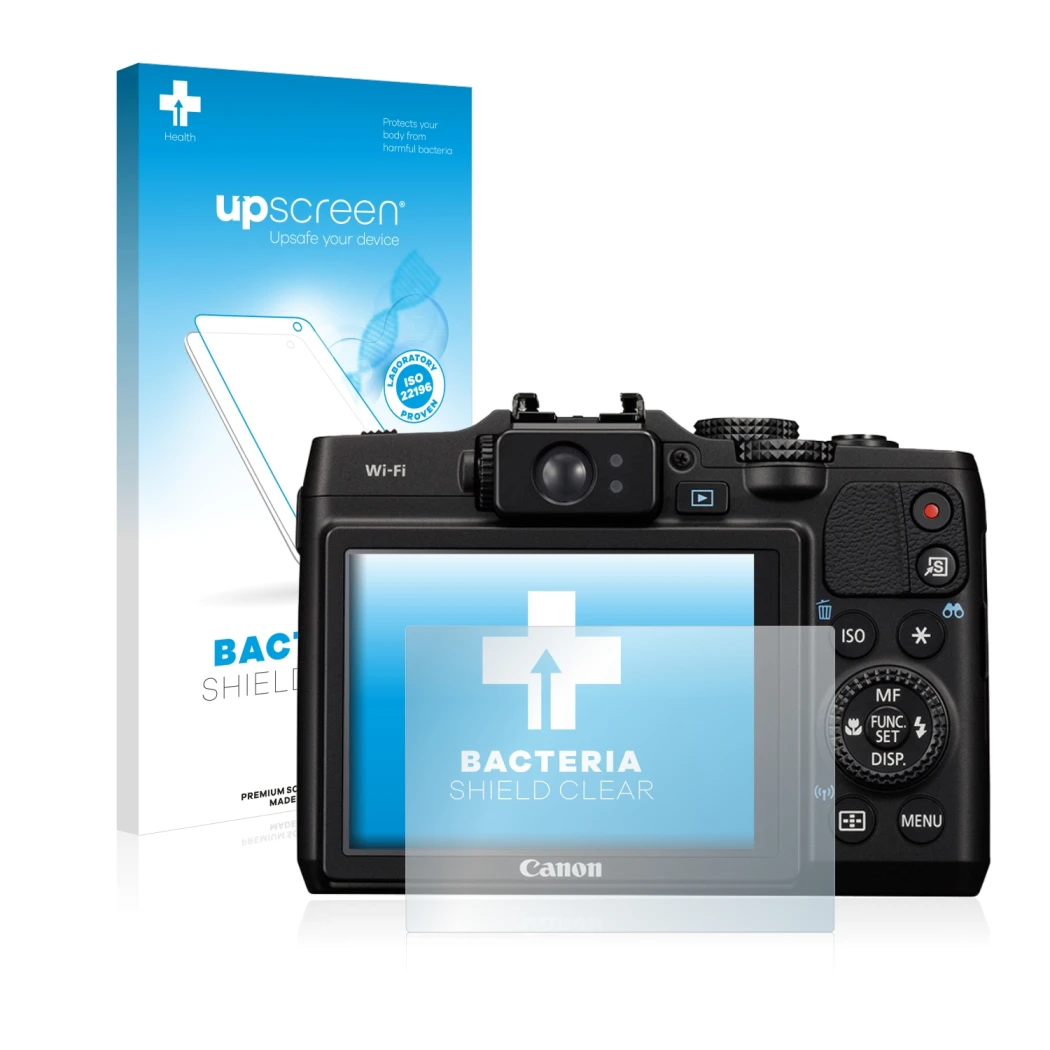 Front side of a product packaging with the brand logo upscreen. Next to it is the device Canon PowerShot G16 shown with the co
