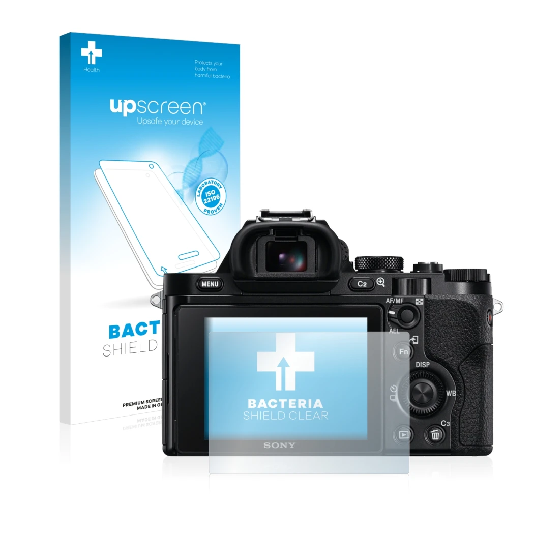 Front side of a product packaging with the brand logo upscreen. Next to it is the device Sony Alpha 7R (ILCE-7R) shown with th