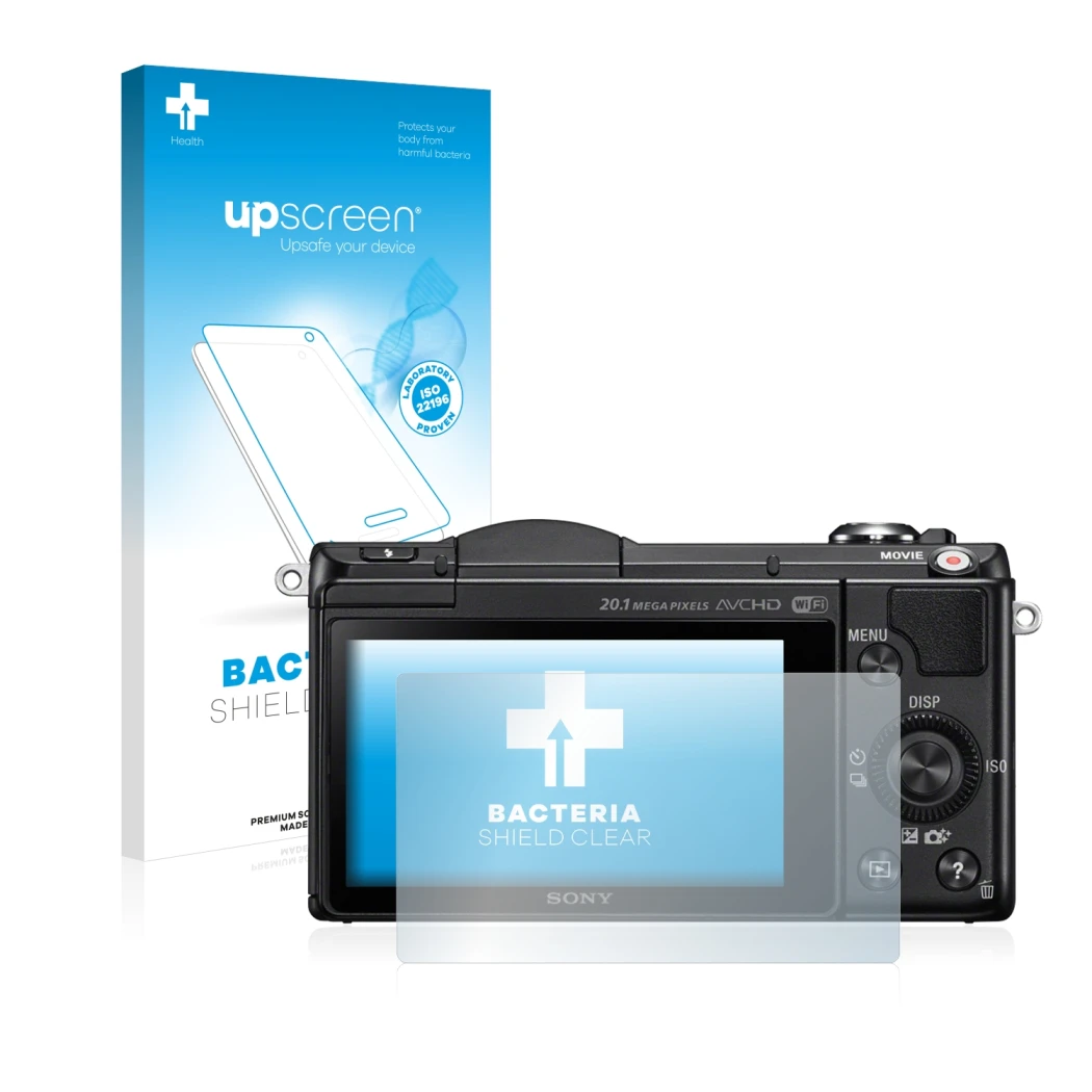 Front side of a product packaging with the brand logo upscreen. Next to it is the device Sony Alpha 5000 (DSLR-A5000) shown wi