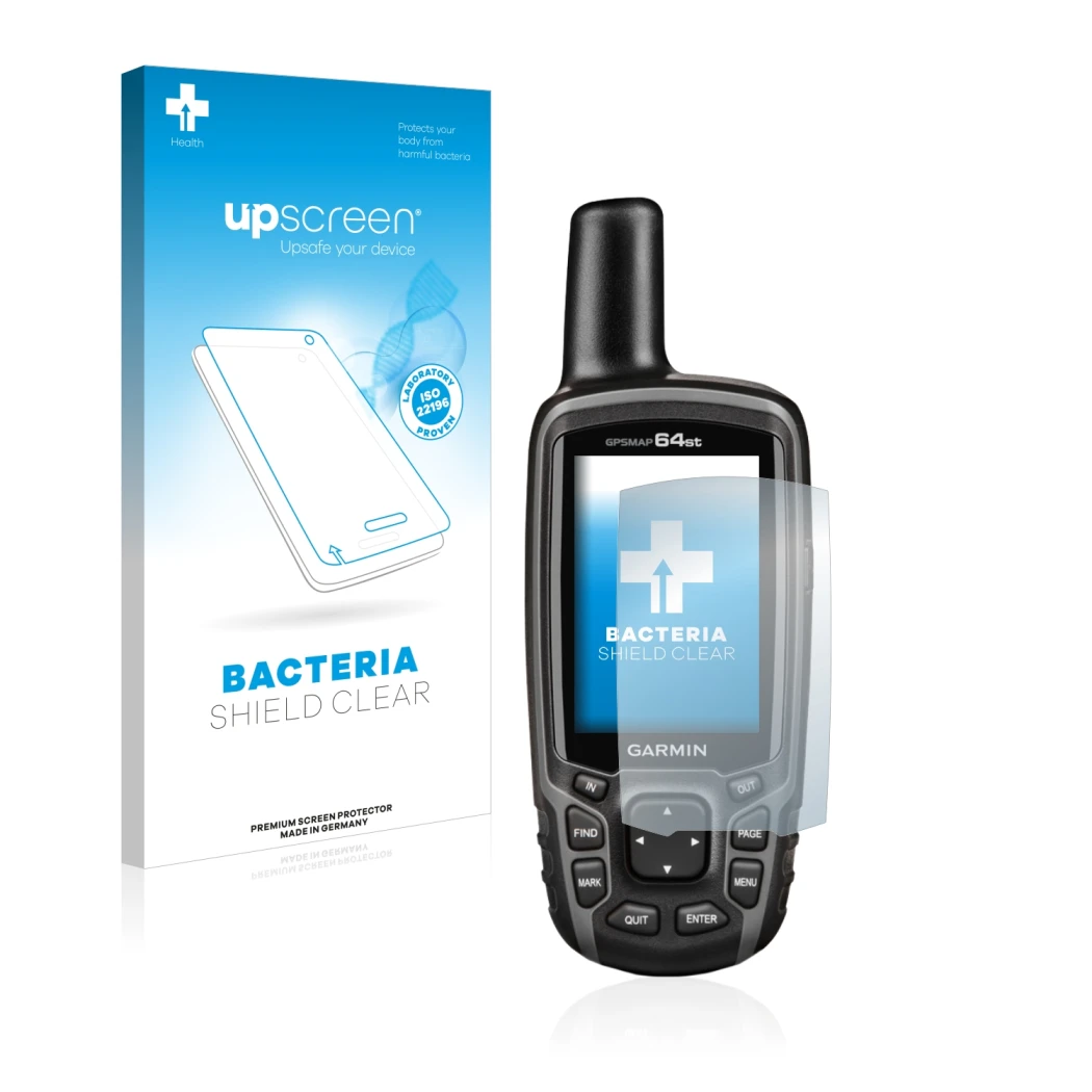 Front side of a product packaging with the brand logo upscreen. Next to it is the device Garmin GPSMAP 64st shown with the cor
