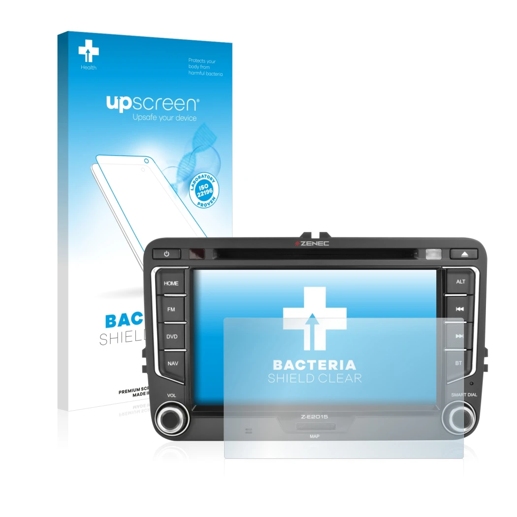 Front side of a product packaging with the brand logo upscreen. Next to it is the device Zenec Z-E2015 shown with the correspo