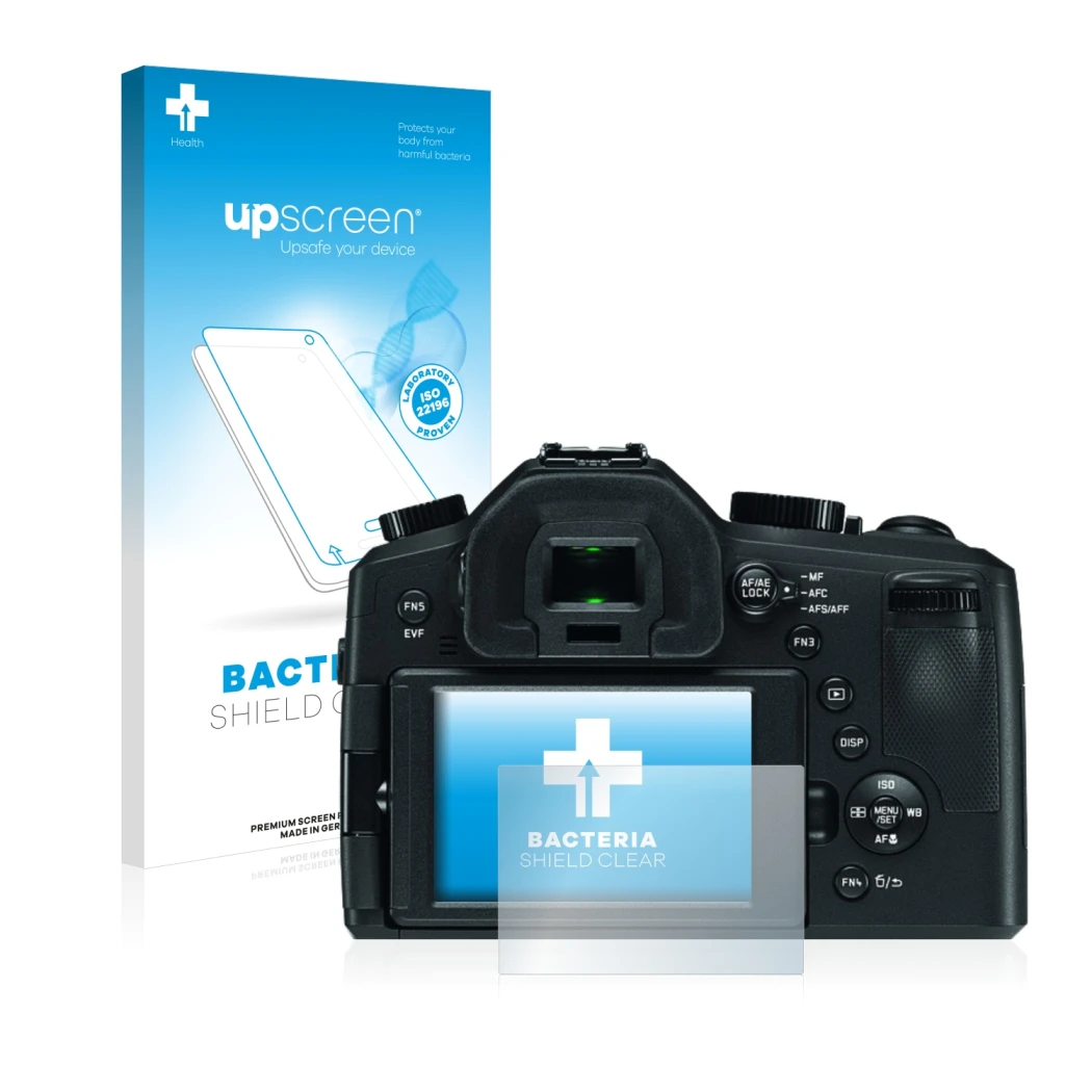 Front side of a product packaging with the brand logo upscreen. Next to it is the device Leica V-LUX (Typ 114) shown with the