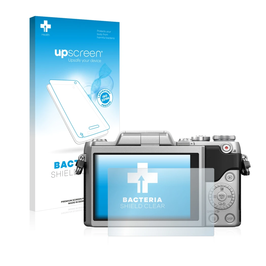 Front side of a product packaging with the brand logo upscreen. Next to it is the device Panasonic Lumix DMC-GF7 shown with th