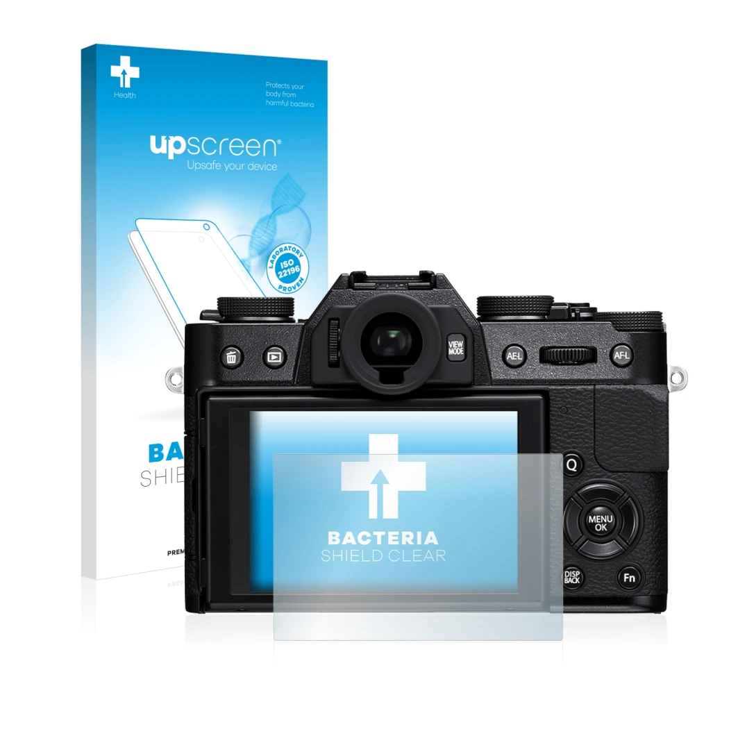 Front side of a product packaging with the brand logo upscreen. Next to it is the device Fujifilm X-T10 shown with the corresp