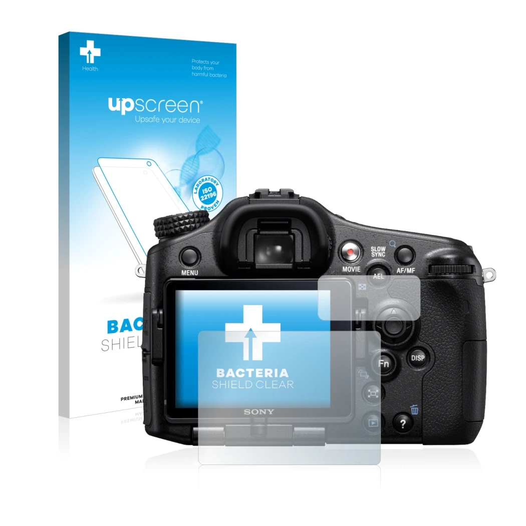 Front side of a product packaging with the brand logo upscreen. Next to it is the device Sony Alpha 77 (SLT-77) shown with the
