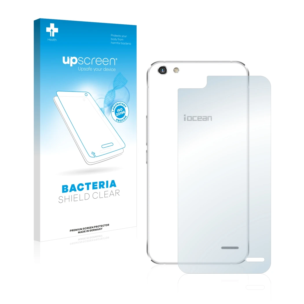 Front side of a product packaging with the brand logo upscreen. Next to it is the device iOcean X9 (Back) shown with the corre