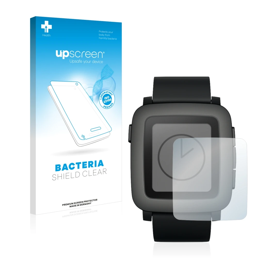 Front side of a product packaging with the brand logo upscreen. Next to it is the device Pebble Time shown with the correspond