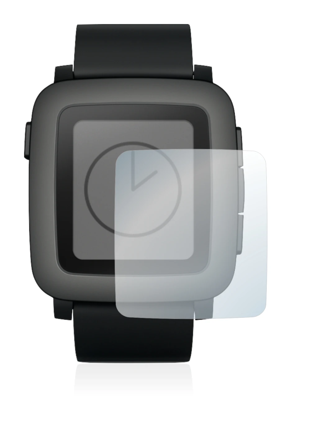 Image of the device Pebble Time with a wide variety of screen protectors.