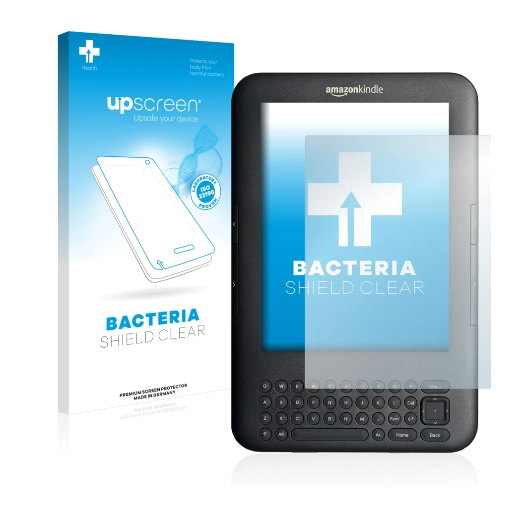 Front side of a product packaging with the brand logo upscreen. Next to it is the device Amazon Kindle 3 shown with the corres