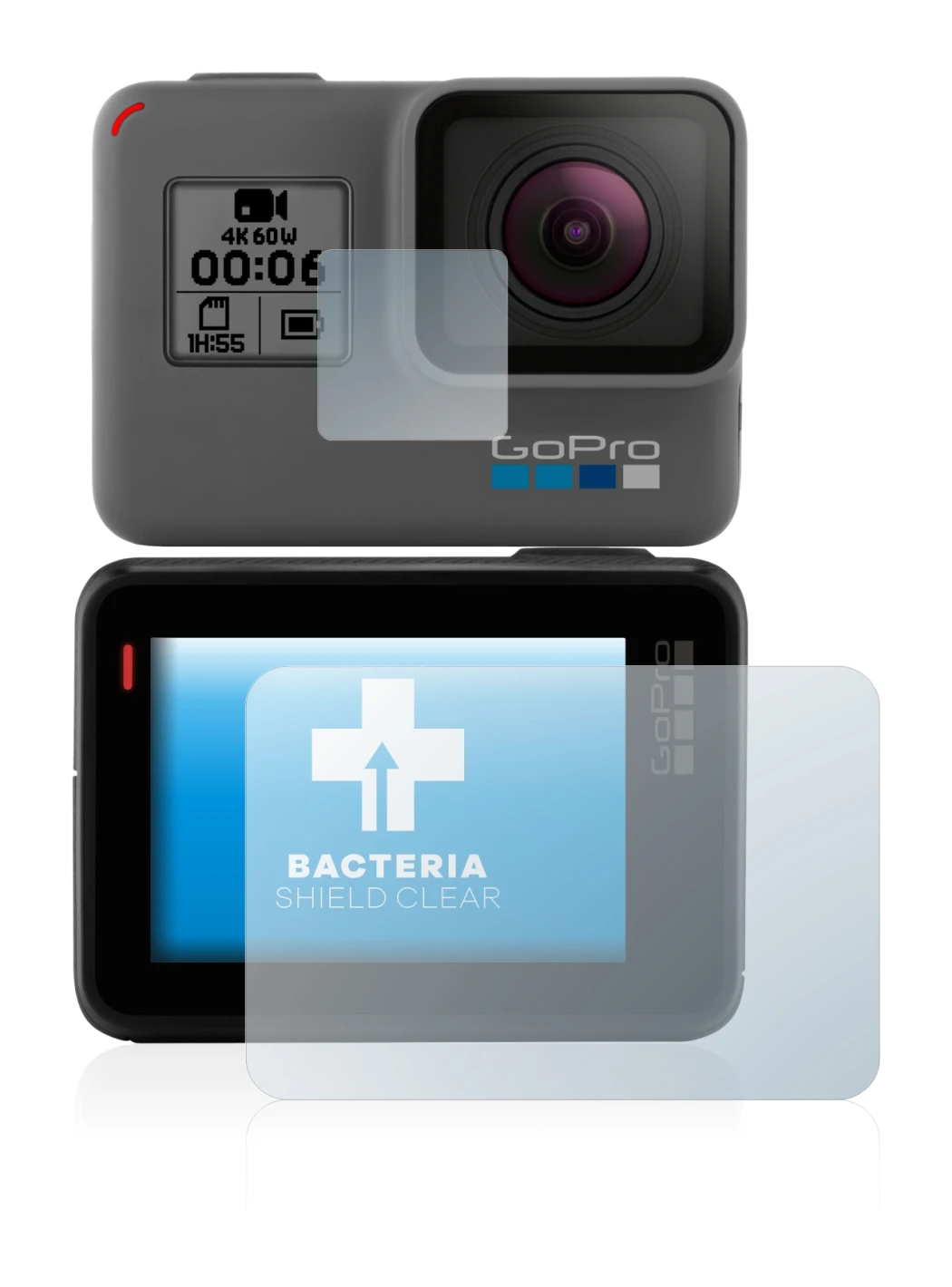 Image of the device GoPro Hero 5 Black with a wide variety of screen protectors.