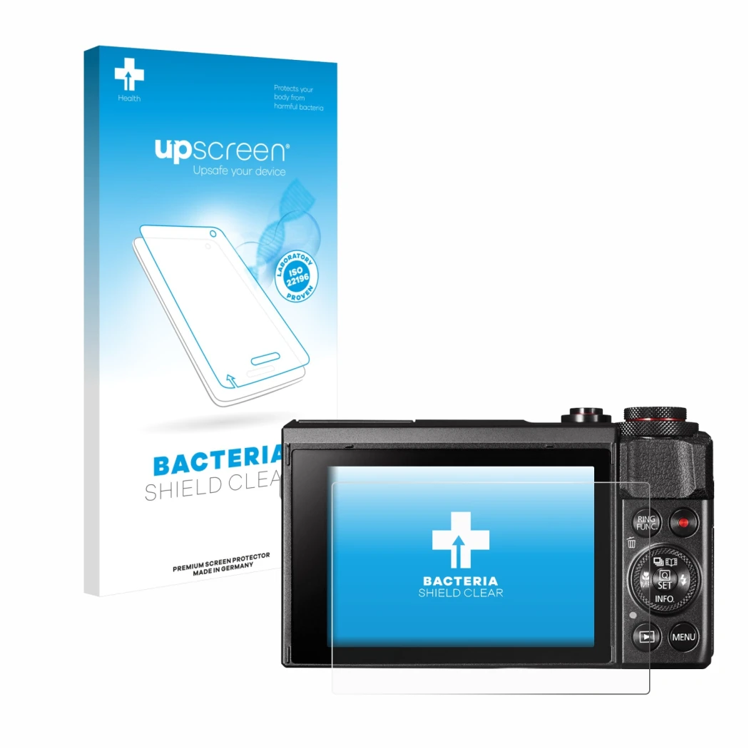 Front side of a product packaging with the brand logo upscreen. Next to it is the device Canon PowerShot G7 X Mark II shown wi