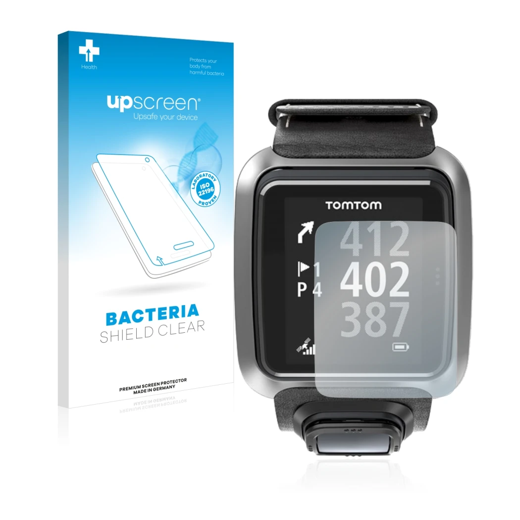 Front side of a product packaging with the brand logo upscreen. Next to it is the device TomTom Golfer 2 shown with the corres