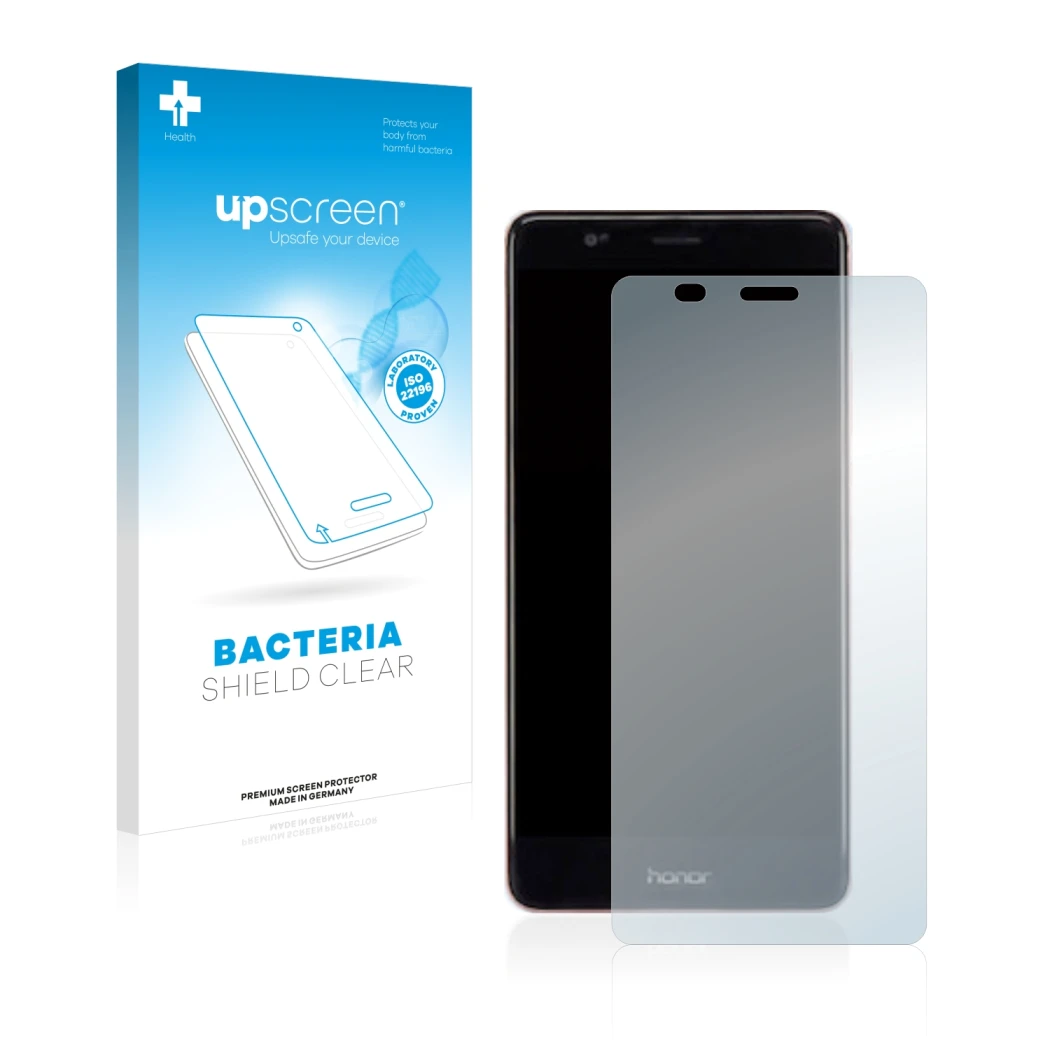 Front side of a product packaging with the brand logo upscreen. Next to it is the device Honor V8 shown with the corresponding