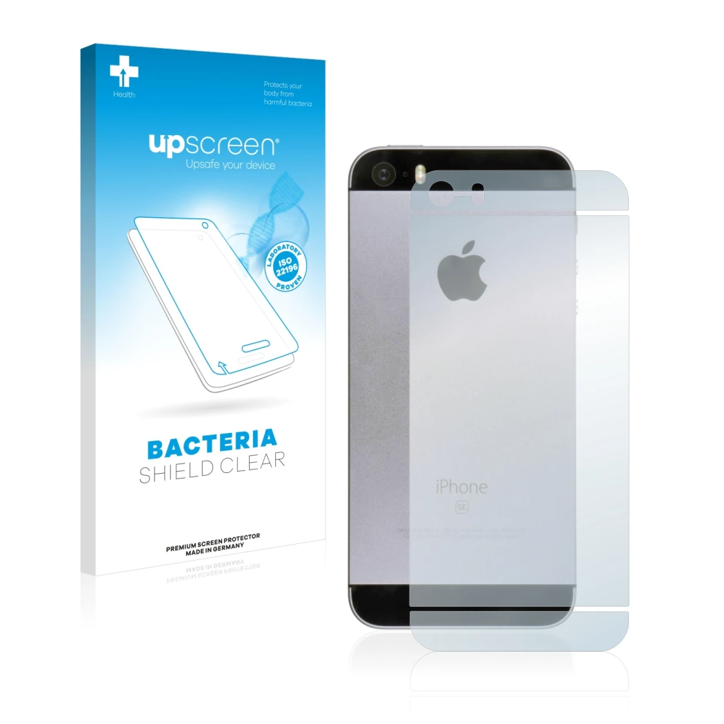 Front side of a product packaging with the brand logo upscreen. Next to it is the device Apple iPhone SE 2016 Back (entire sur