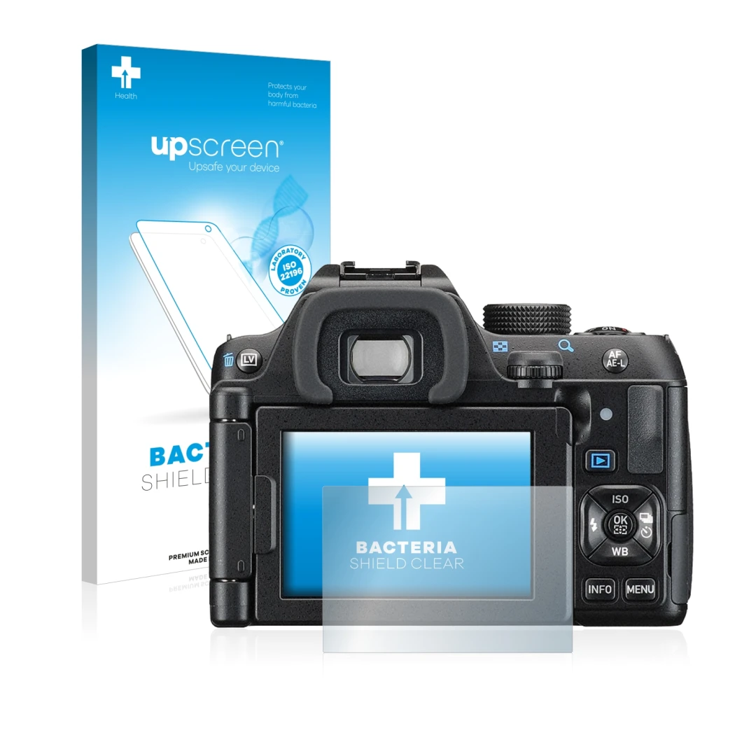 Front side of a product packaging with the brand logo upscreen. Next to it is the device Pentax K-70 shown with the correspond
