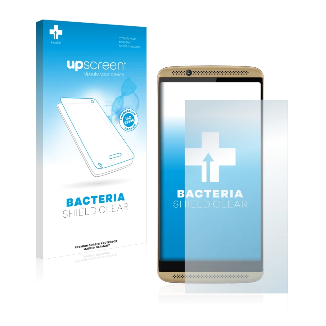 Front side of a product packaging with the brand logo upscreen. Next to it is the device ZTE Axon 7 shown with the correspondi
