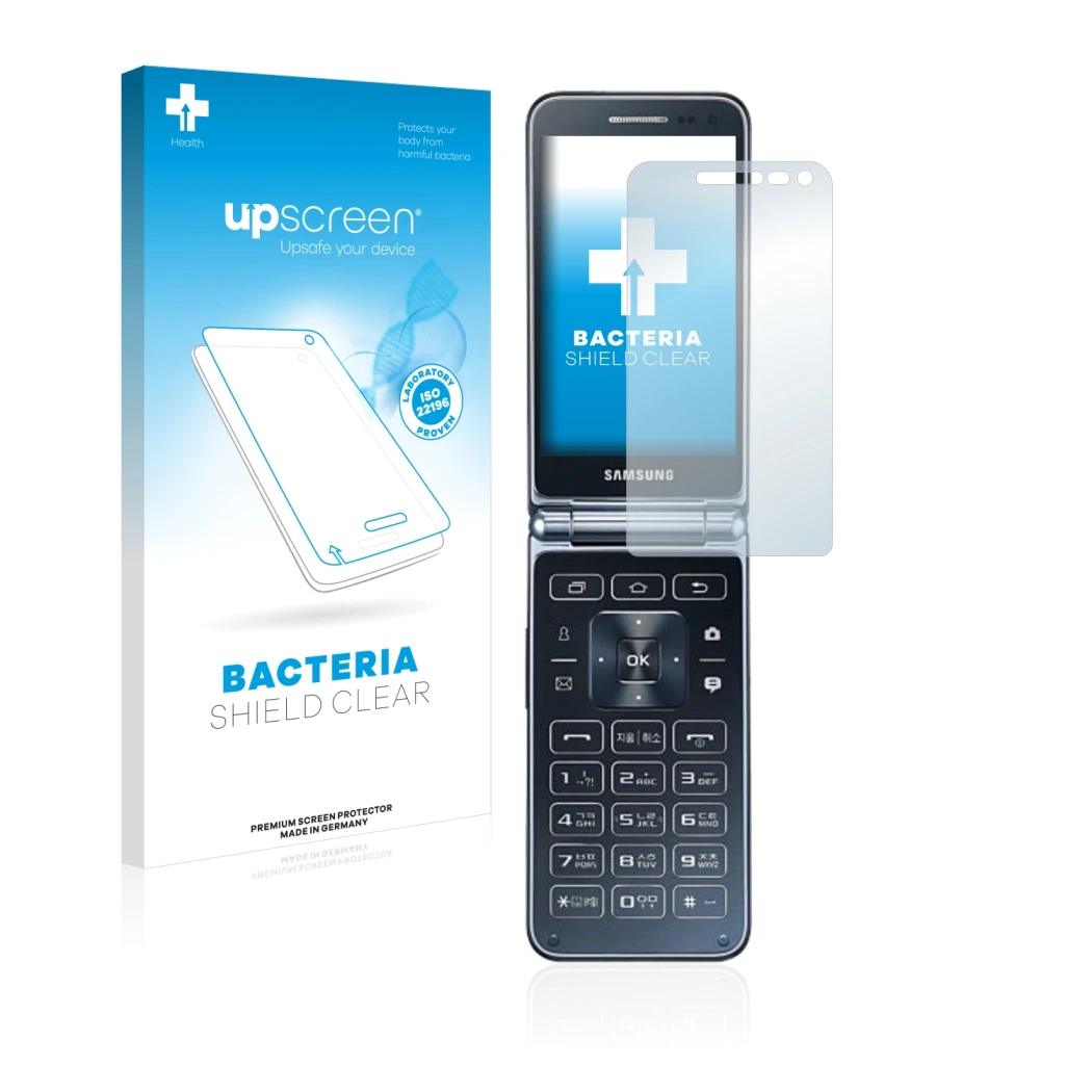 Front side of a product packaging with the brand logo upscreen. Next to it is the device Samsung Galaxy Folder 2 shown with th