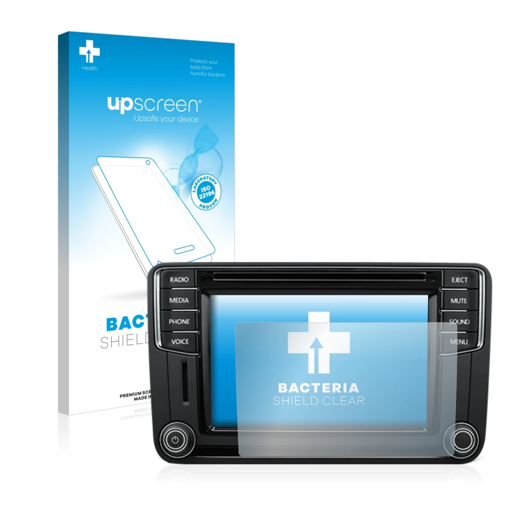 Front side of a product packaging with the brand logo upscreen. Next to it is the device Volkswagen T6 2015 Discover Media Plu