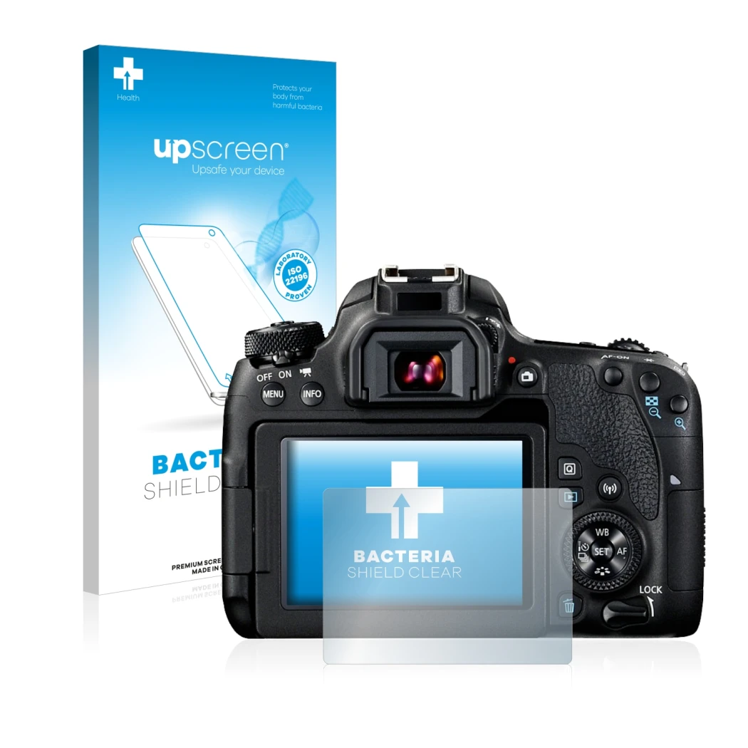 Front side of a product packaging with the brand logo upscreen. Next to it is the device Canon EOS 77D shown with the correspo