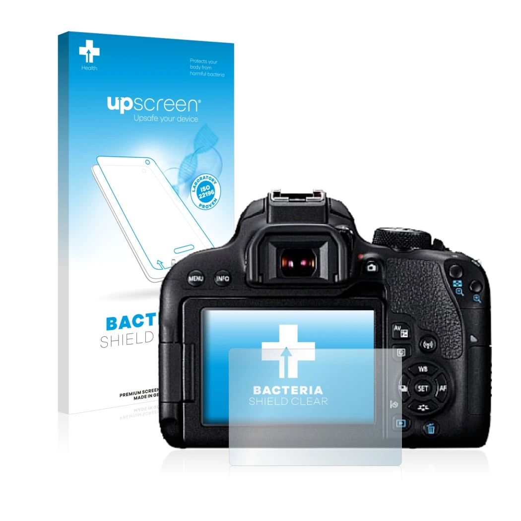 Front side of a product packaging with the brand logo upscreen. Next to it is the device Canon EOS 800D shown with the corresp