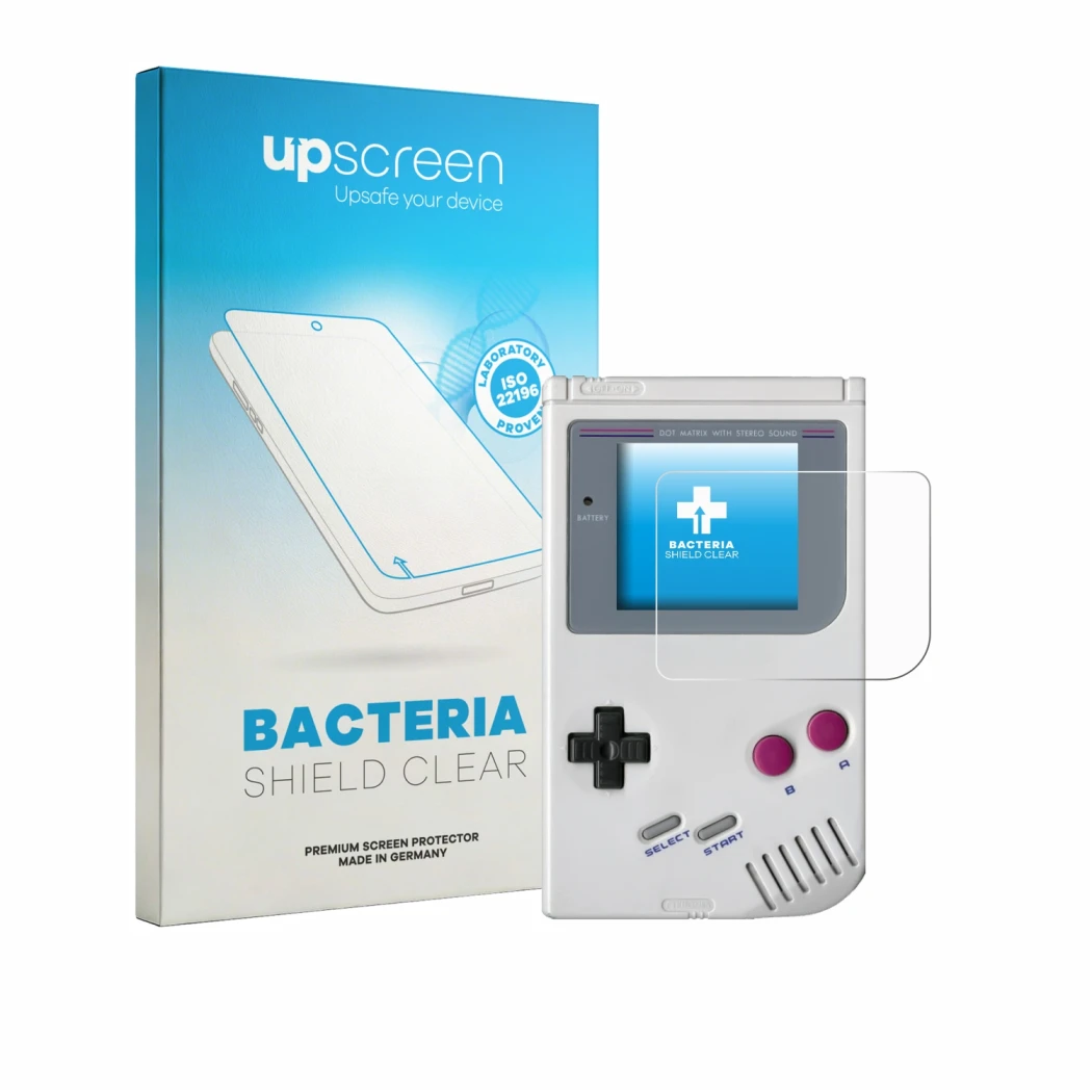 Front side of a product packaging with the brand logo upscreen. Next to it is the device Nintendo Gameboy (1989) shown with th