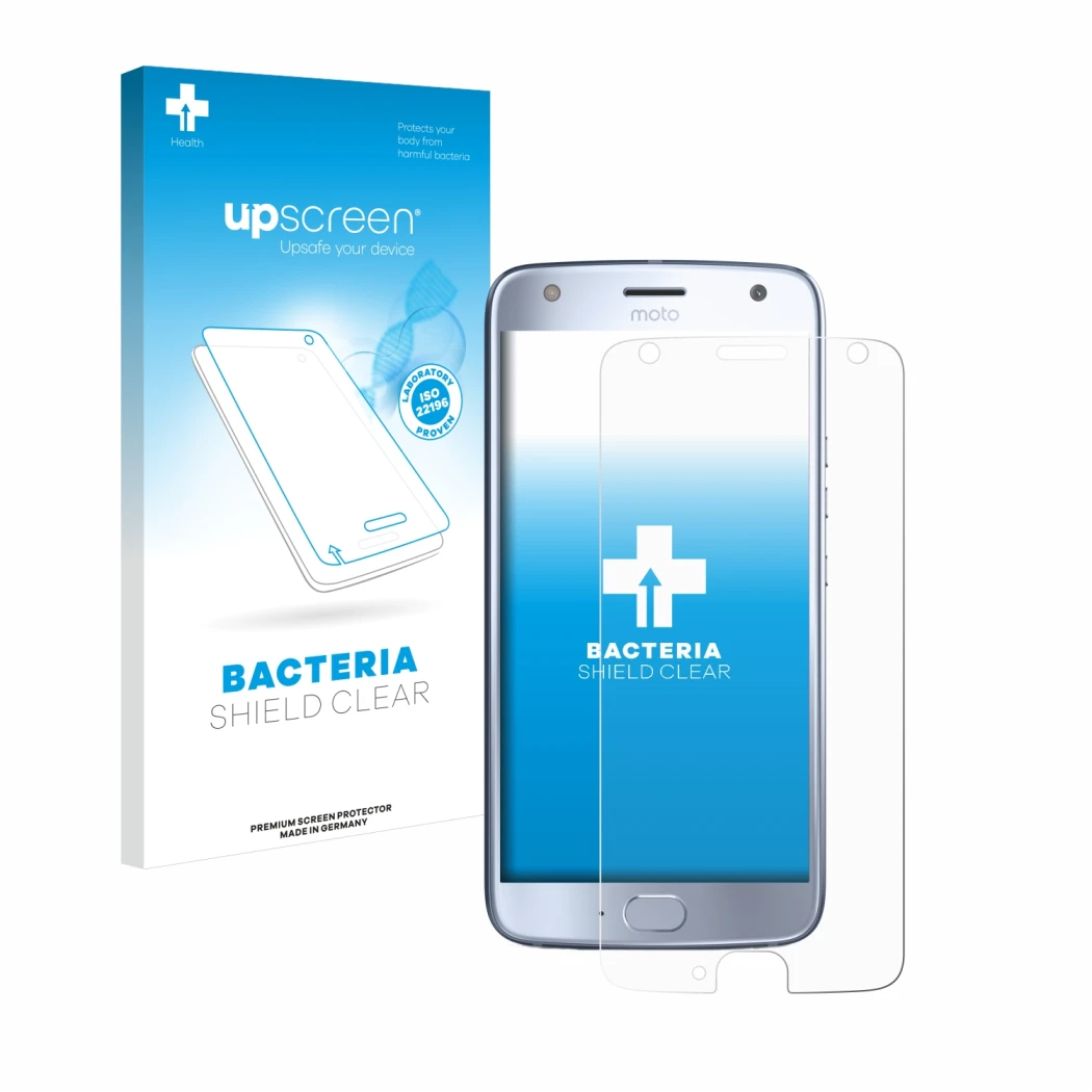 Front side of a product packaging with the brand logo upscreen. Next to it is the device Motorola Moto X4 shown with the corre