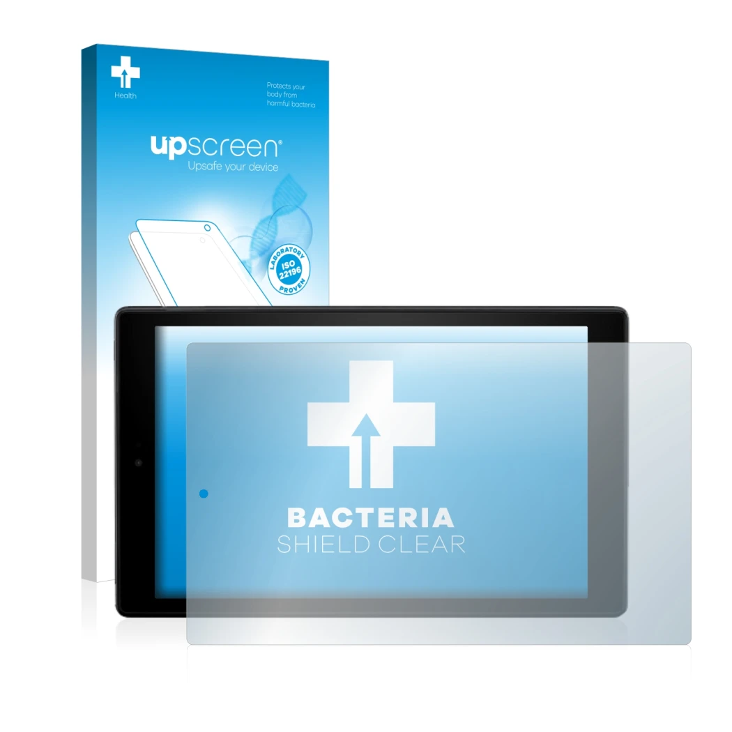 Front side of a product packaging with the brand logo upscreen. Next to it is the device Amazon Fire HD 10 2017 (7th Gen.) sho