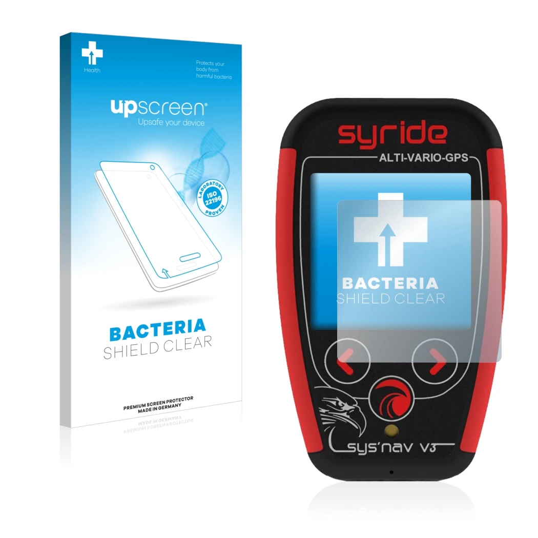 Front side of a product packaging with the brand logo upscreen. Next to it is the device Syride Sys'Nav V3 shown with the corr