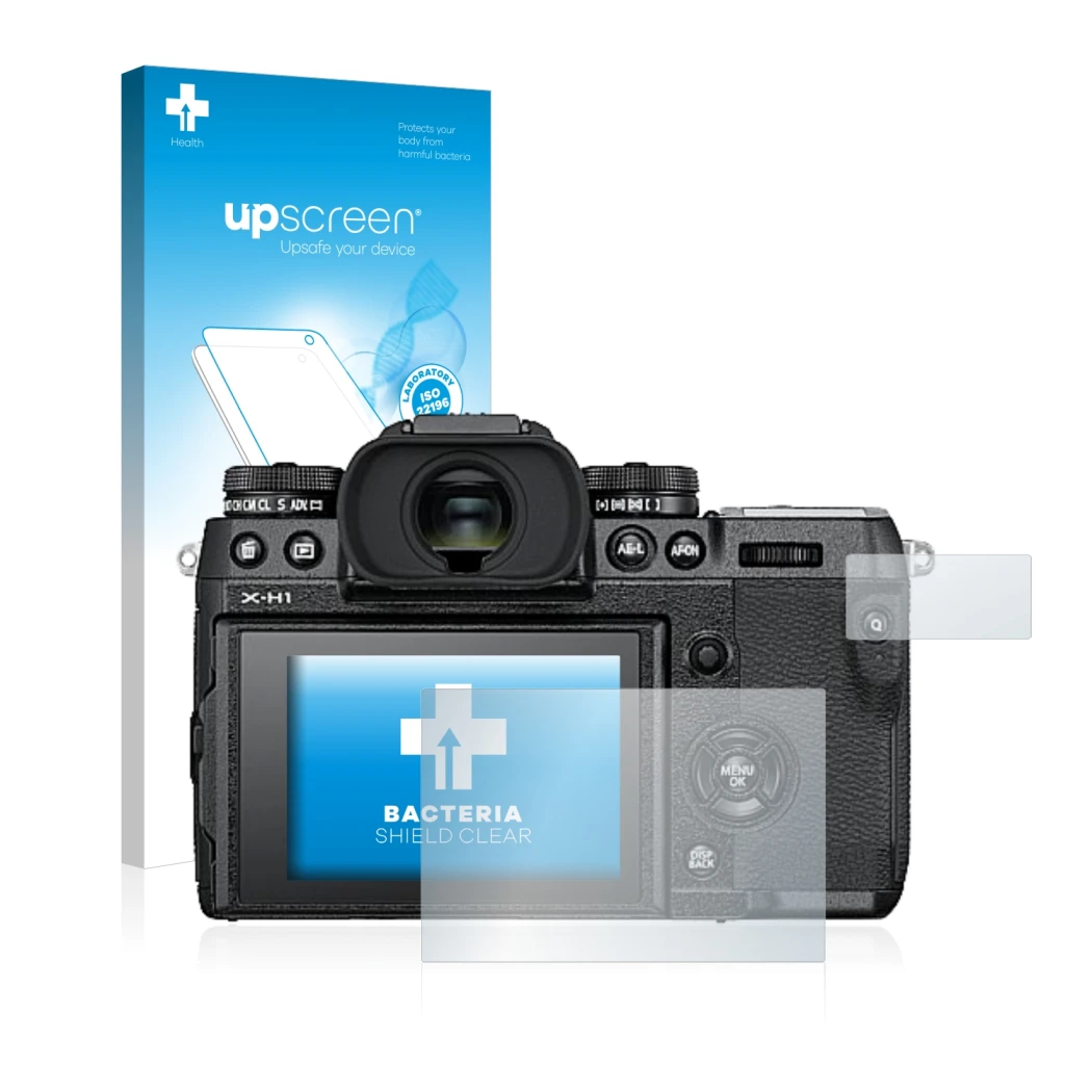 Front side of a product packaging with the brand logo upscreen. Next to it is the device Fujifilm X-H1 shown with the correspo