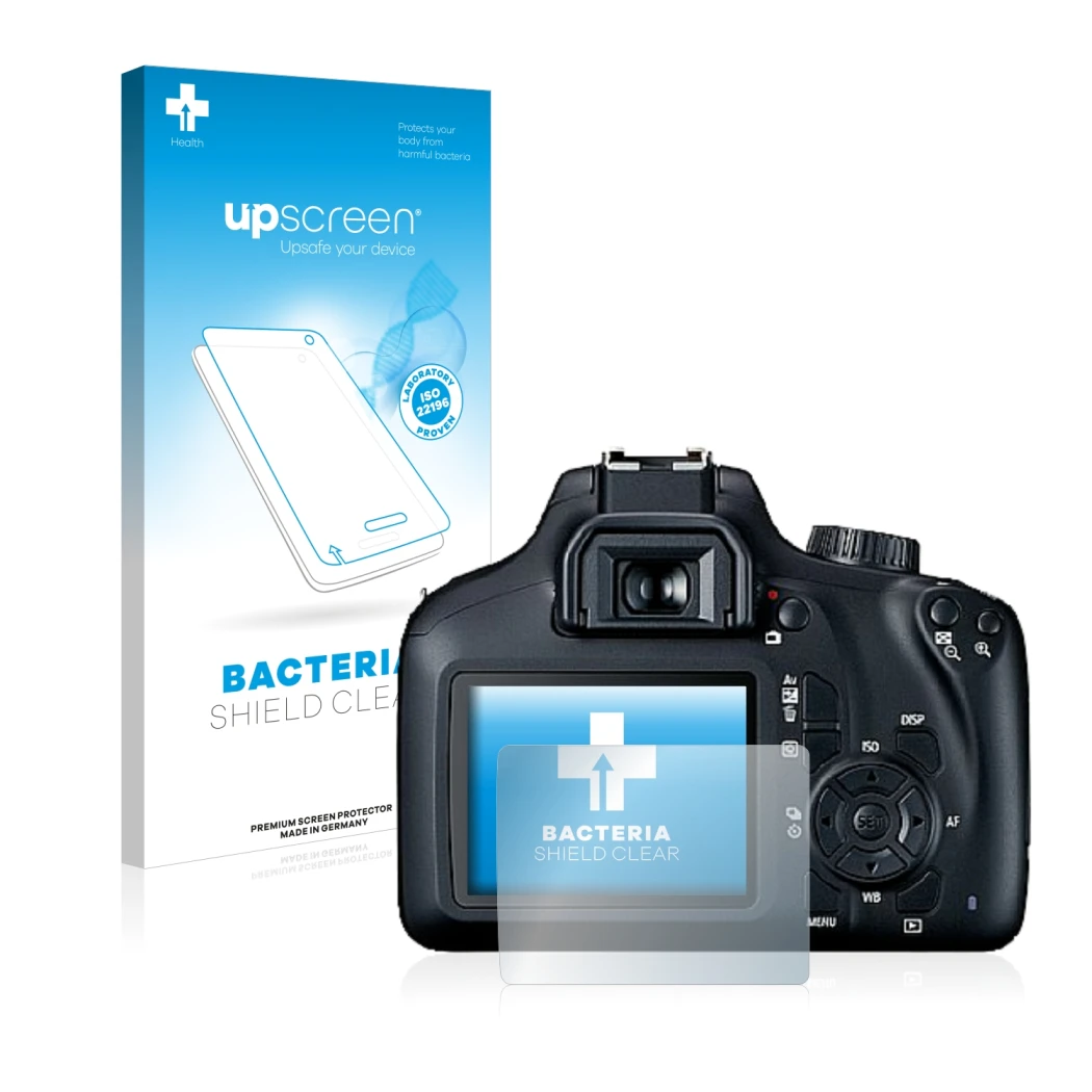 Front side of a product packaging with the brand logo upscreen. Next to it is the device Canon EOS 4000D shown with the corres