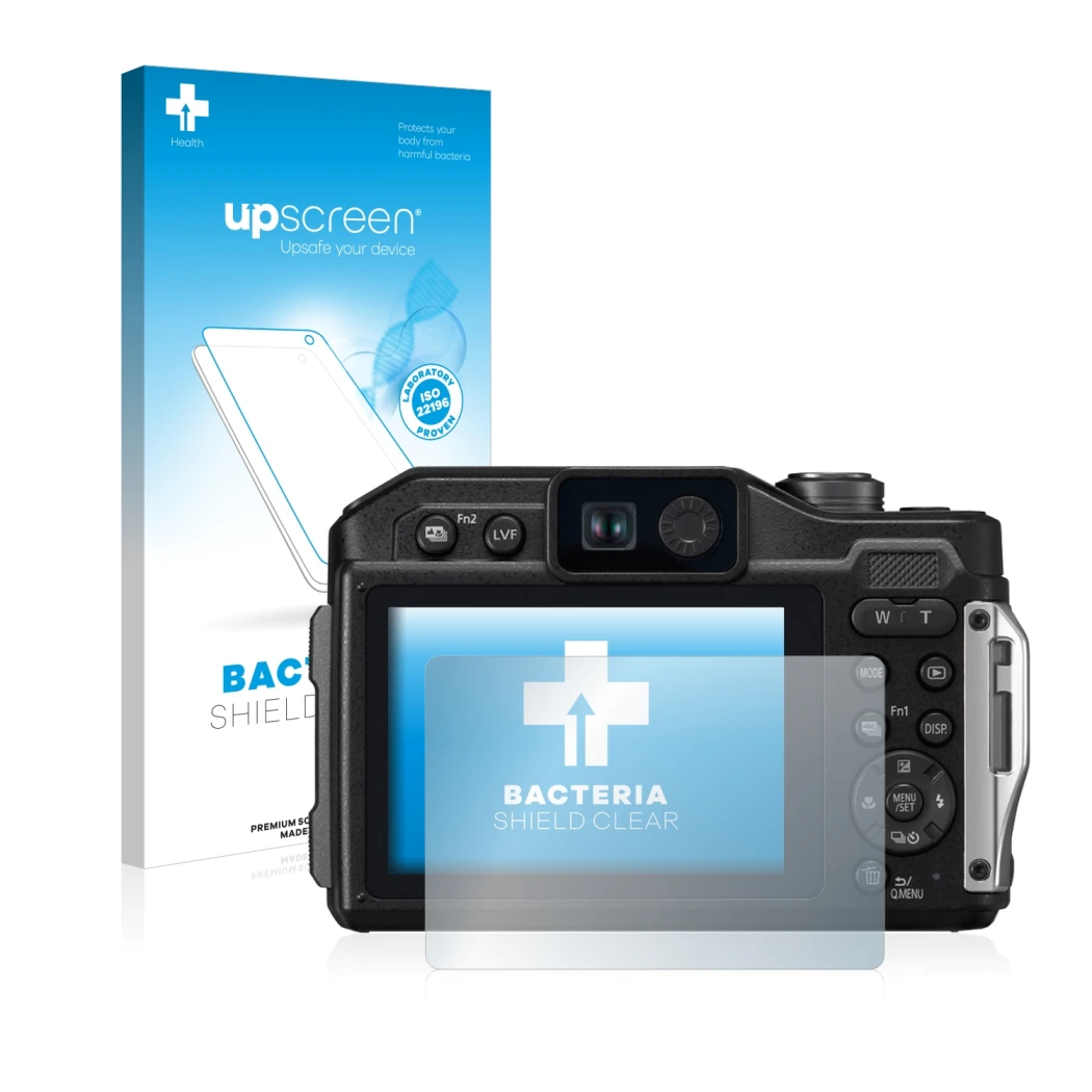 Front side of a product packaging with the brand logo upscreen. Next to it is the device Panasonic Lumix DC-FT7 shown with the