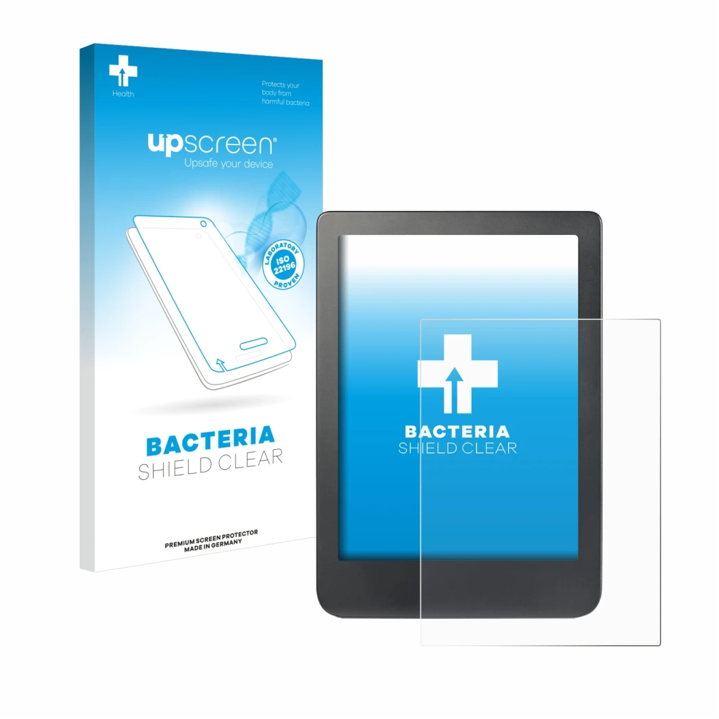 Front side of a product packaging with the brand logo upscreen. Next to it is the device Kobo Clara HD (6